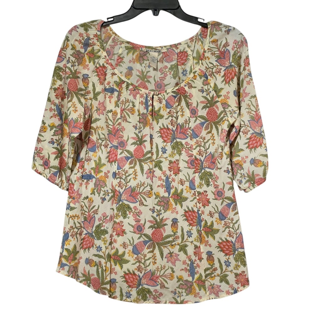 Lucky Brand Womens XS Floral Pineapple Print Cotton Peasant Blouse 3/4 Sleeve‎